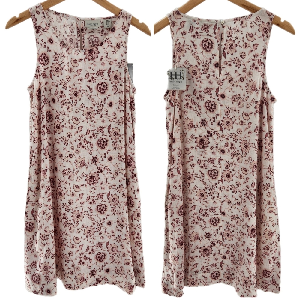 Haute Hippie Sleeveless Cream w/Pink Floral Print Linen Mini Dress Womens XSmall